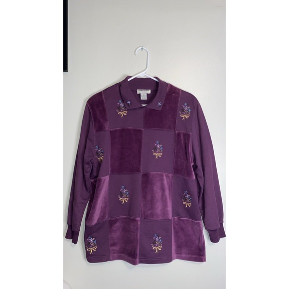 Alfred Dunner Sweaters - Vintage Alfred Dunner‎ Sweater Womens checkered velvet Floral Embroidery